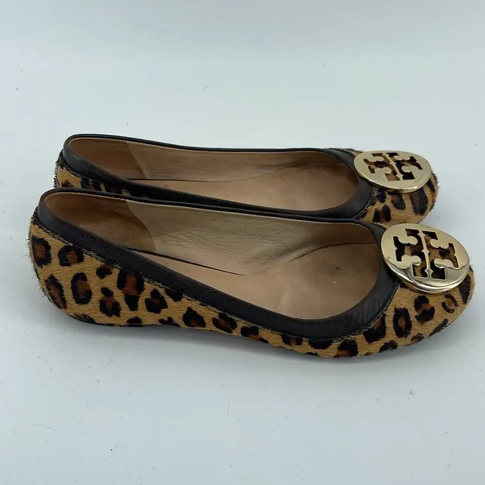 Tory Burch Reva calf skin leather leopard print slip on ballet flat shoes sz 6.5